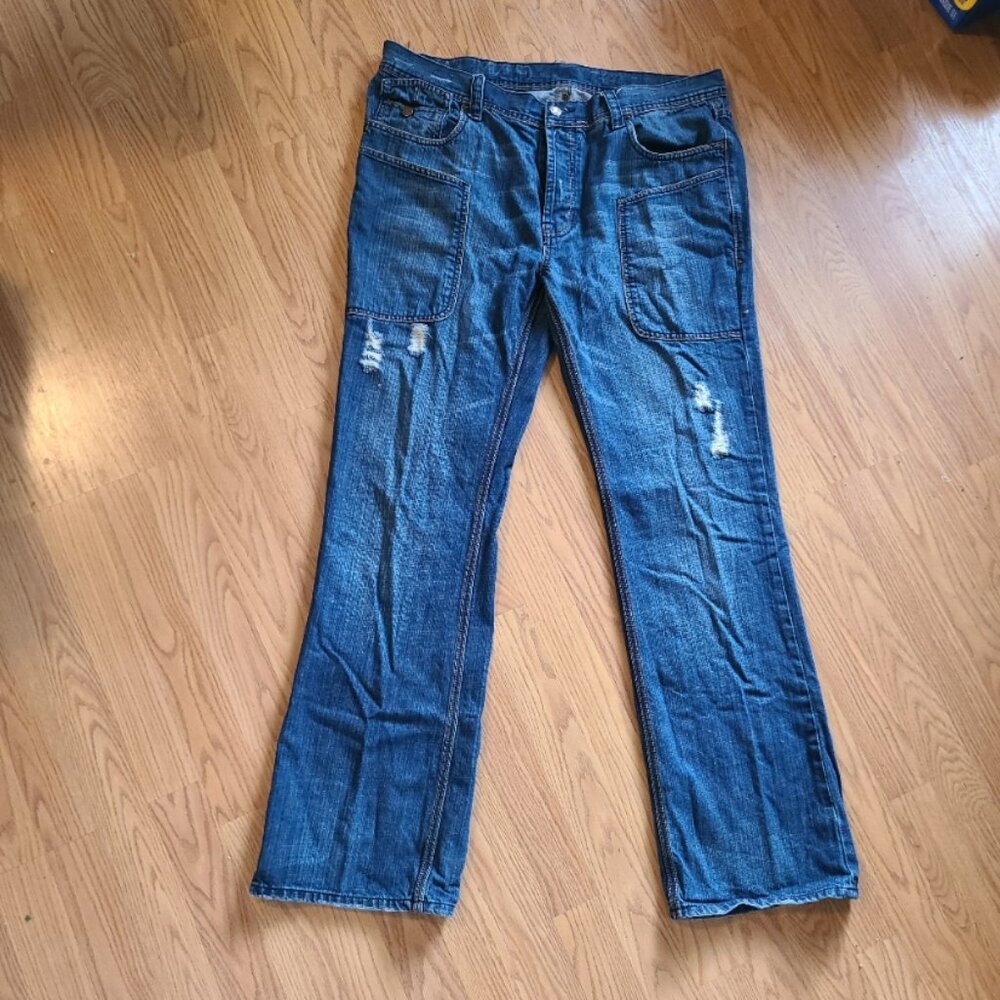 BLAC LABEL GUNMETAL RELAXED FIT DESTROYED JEANS STRAIGHT LEG RIGID DENIM 40 x 34